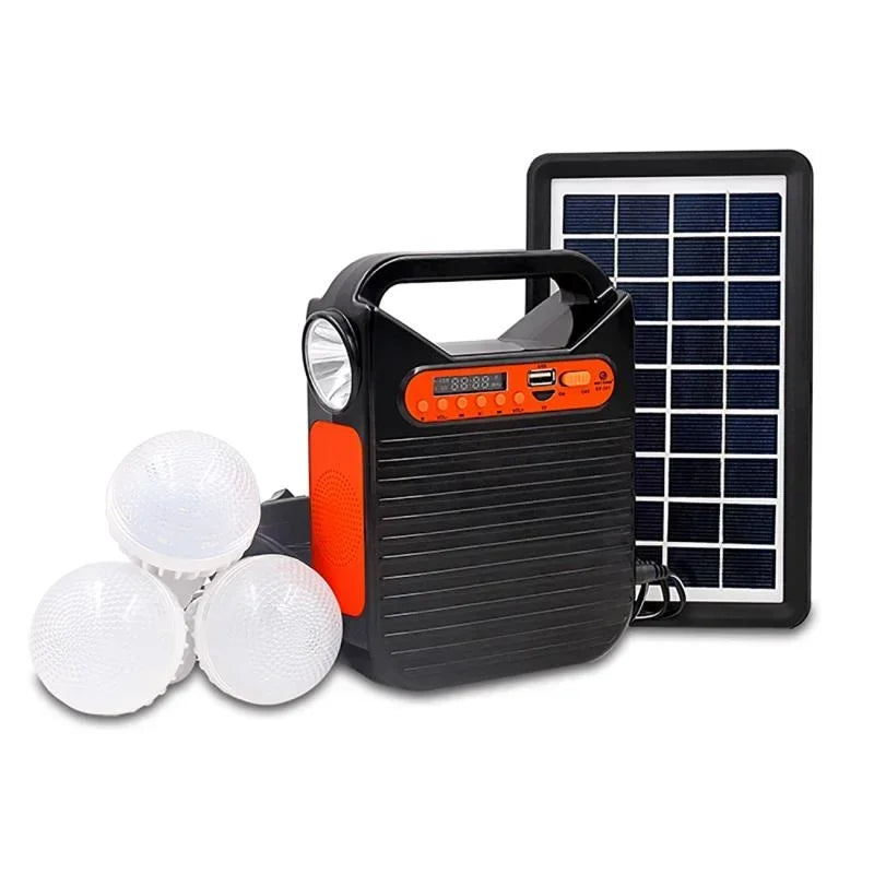 Portable Solar Power System Solar Panel Generator Kit with FM Radio 3 LED Bulbs Outdoor Emergency Lighting for Camping Hiking
