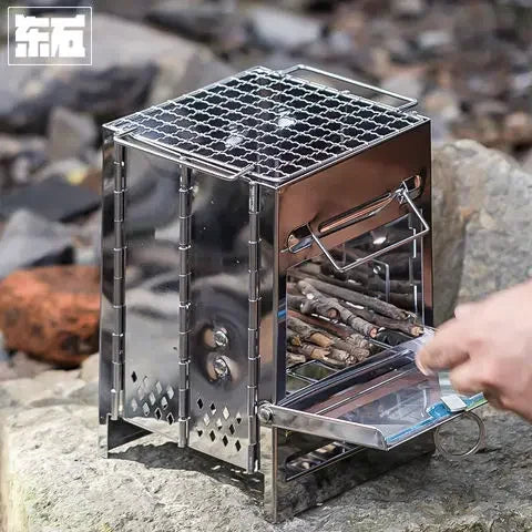 Outdoor Portable Wood Stove Mountain Camping Picnic Folding Charcoal Grill Field Camping Stainless Steel Barbecue Grill