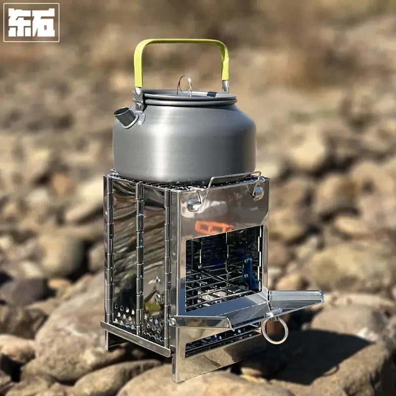 Outdoor Portable Wood Stove Mountain Camping Picnic Folding Charcoal Grill Field Camping Stainless Steel Barbecue Grill