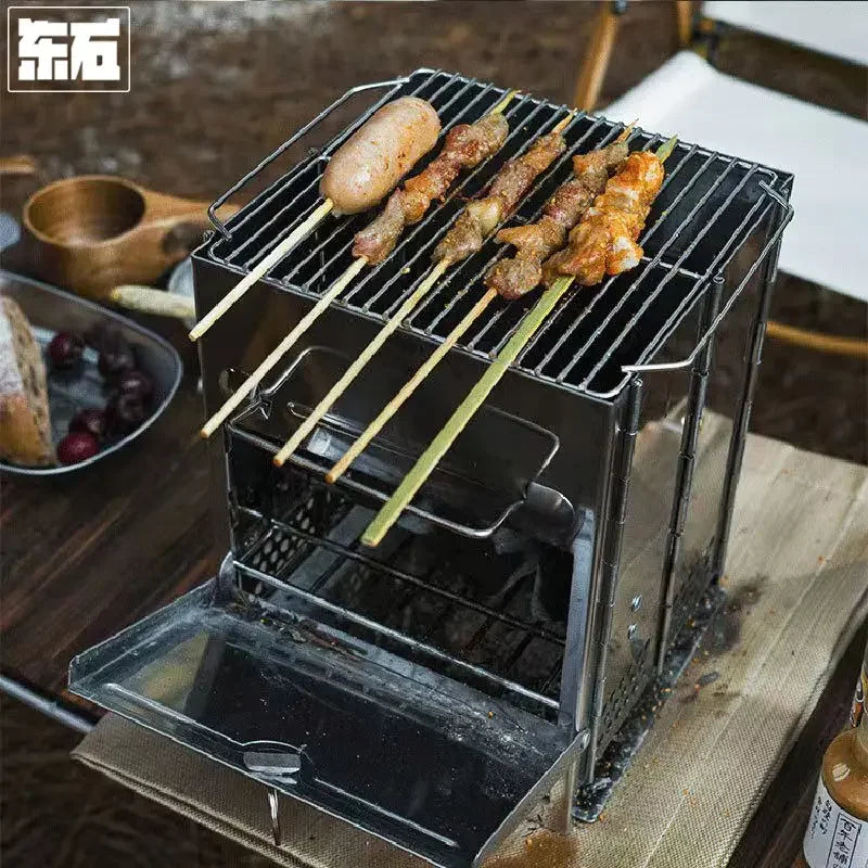 Outdoor Portable Wood Stove Mountain Camping Picnic Folding Charcoal Grill Field Camping Stainless Steel Barbecue Grill