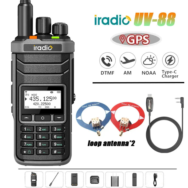 Iradio UV-88 GPS Walkie Talkie Shortwave UV88 Radio Type-C Charging 18-520mhz Receiving NOAA 1024 Channel Frequency Channel Scan