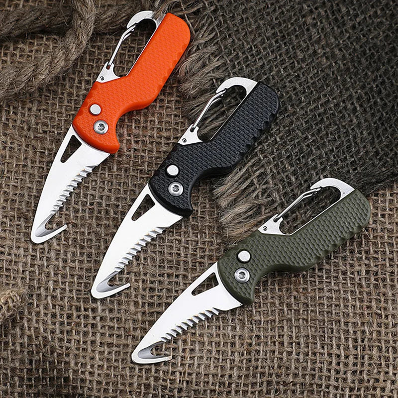 Portable Multifunctional Tool Foldable Serrated Sharp Express Parcel Knife Keychain With Hook Cut Rope Survival Tool