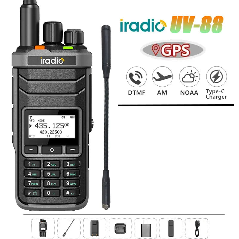 Iradio UV-88 GPS Walkie Talkie Shortwave UV88 Radio Type-C Charging 18-520mhz Receiving NOAA 1024 Channel Frequency Channel Scan