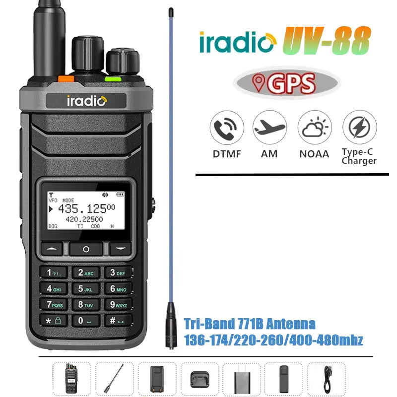 Iradio UV-88 GPS Walkie Talkie Shortwave UV88 Radio Type-C Charging 18-520mhz Receiving NOAA 1024 Channel Frequency Channel Scan