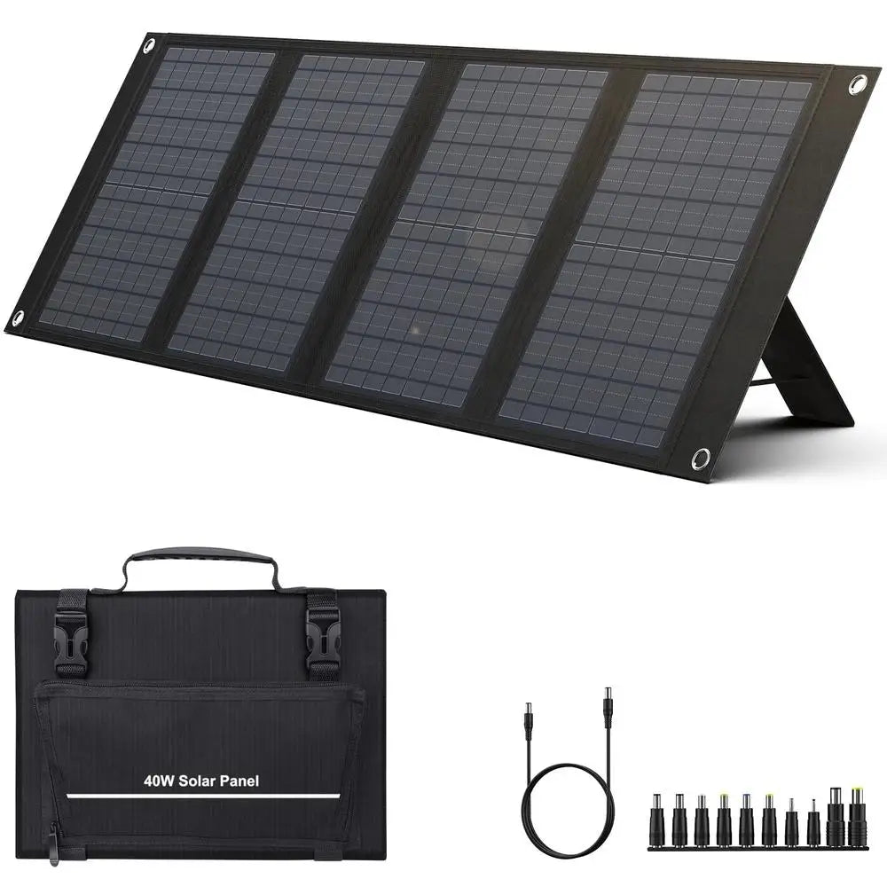 40W Foldable Solar Charger 100-200W Power Station Portable Solar Panel 12-15V DC Output 11 Connectors IPX4 Waterproof Kickstand