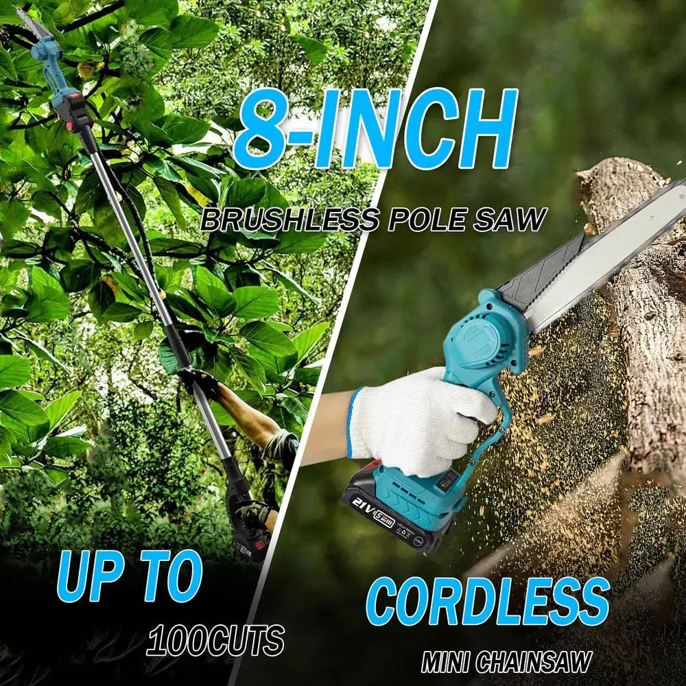 2-in-1 Cordless Pole Saw & 8-Inch Mini Chainsaw 21V 2.0Ah Battery Pole Chainsaw with Powerful Brushless Motor 12-Foot MAX Reach