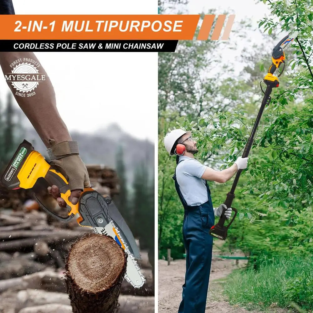 2-IN-1 Cordless Pole Saw & Mini Chainsaw 21V 2.0Ah battery powered Chain saw tree trimmers long handle pruner 7ft Reach electric