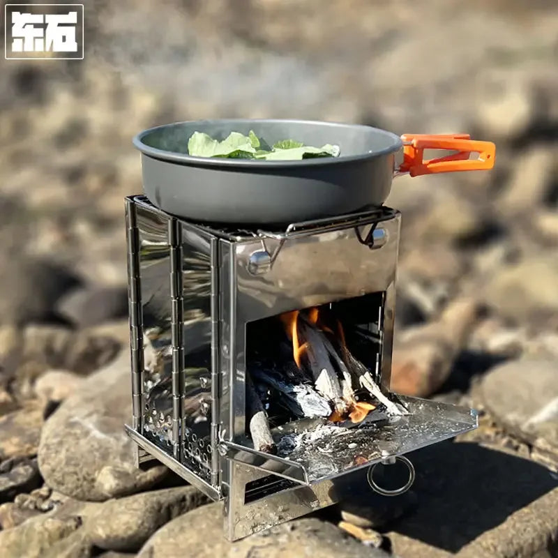 Outdoor Portable Wood Stove Mountain Camping Picnic Folding Charcoal Grill Field Camping Stainless Steel Barbecue Grill