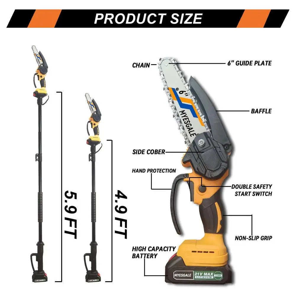 2-IN-1 Cordless Pole Saw & Mini Chainsaw 21V 2.0Ah battery powered Chain saw tree trimmers long handle pruner 7ft Reach electric