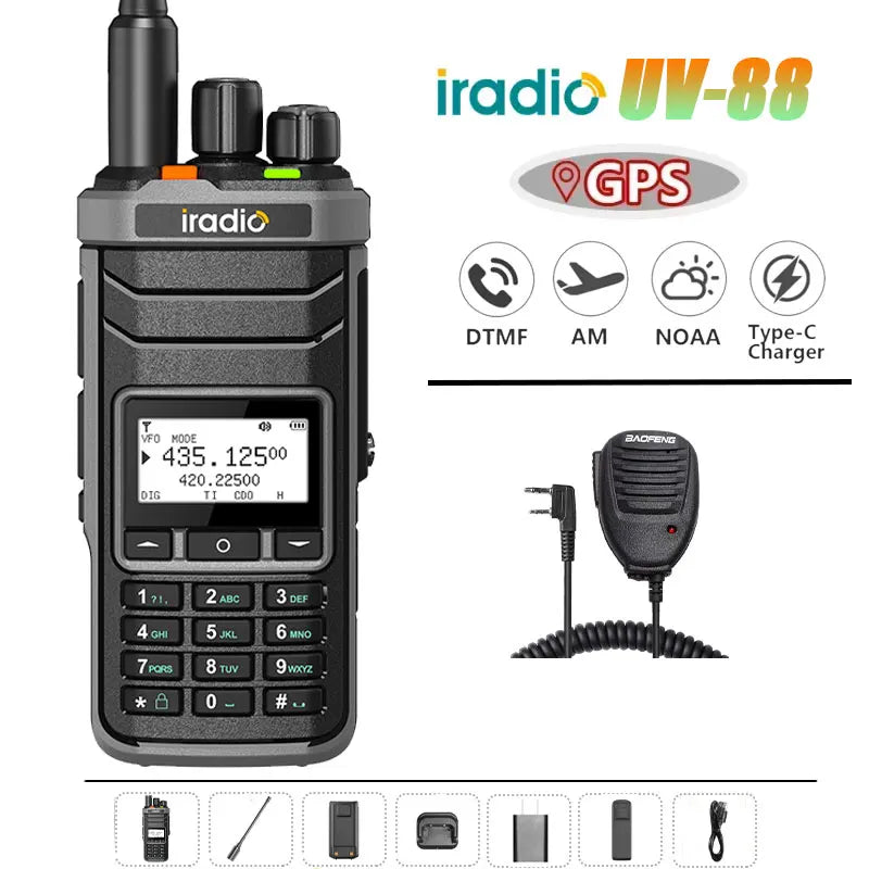 Iradio UV-88 GPS Walkie Talkie Shortwave UV88 Radio Type-C Charging 18-520mhz Receiving NOAA 1024 Channel Frequency Channel Scan