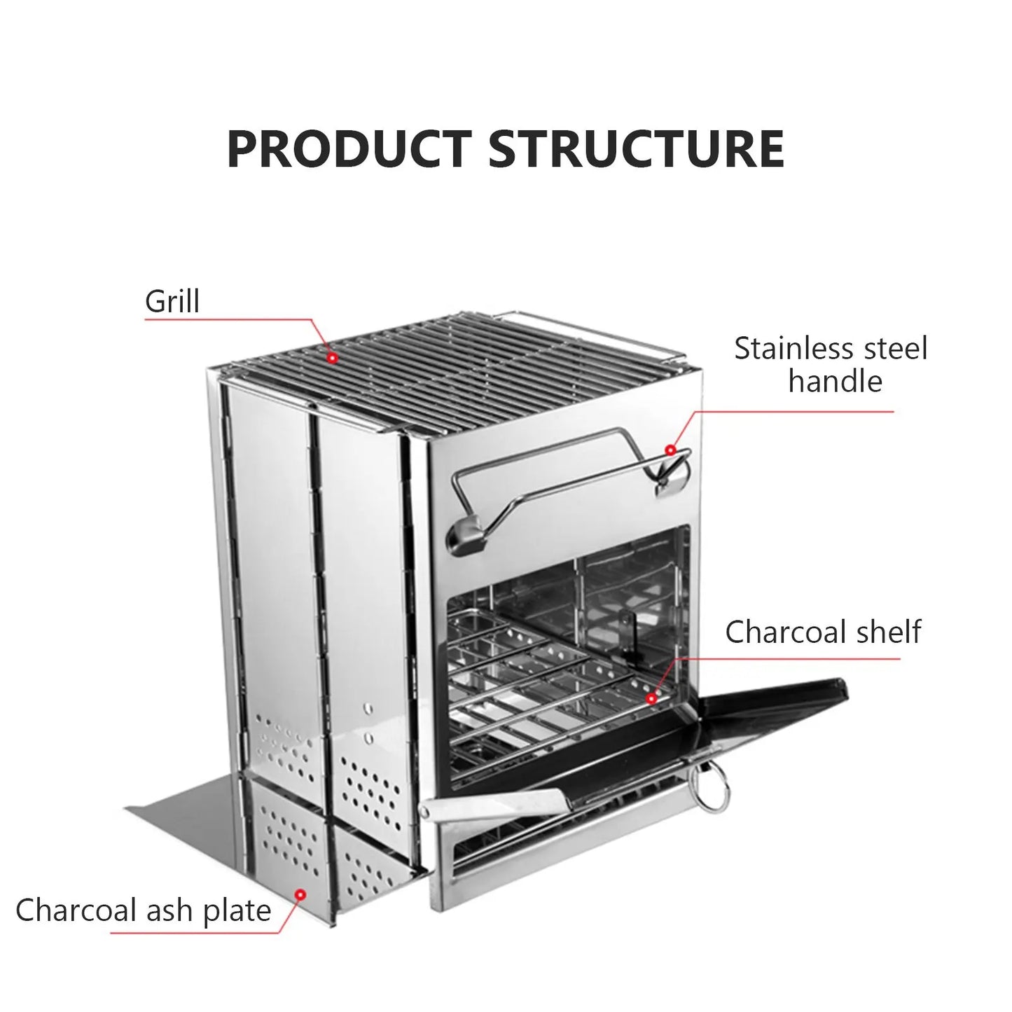 Portable Foldable Outdoor Wood Stove Stainless Steel Charcoal Grill Lightweight Barbecue Grill Stoves Camping Equipment