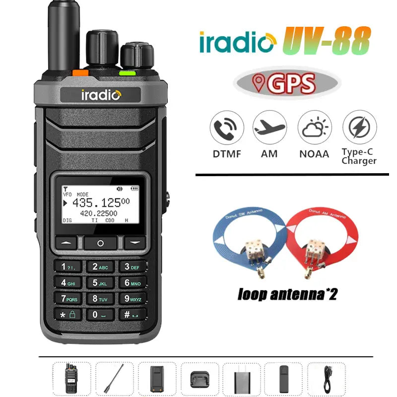 Iradio UV-88 GPS Walkie Talkie Shortwave UV88 Radio Type-C Charging 18-520mhz Receiving NOAA 1024 Channel Frequency Channel Scan