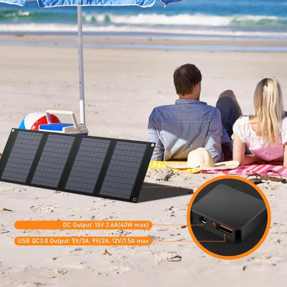 40W Foldable Solar Charger 100-200W Power Station Portable Solar Panel 12-15V DC Output 11 Connectors IPX4 Waterproof Kickstand
