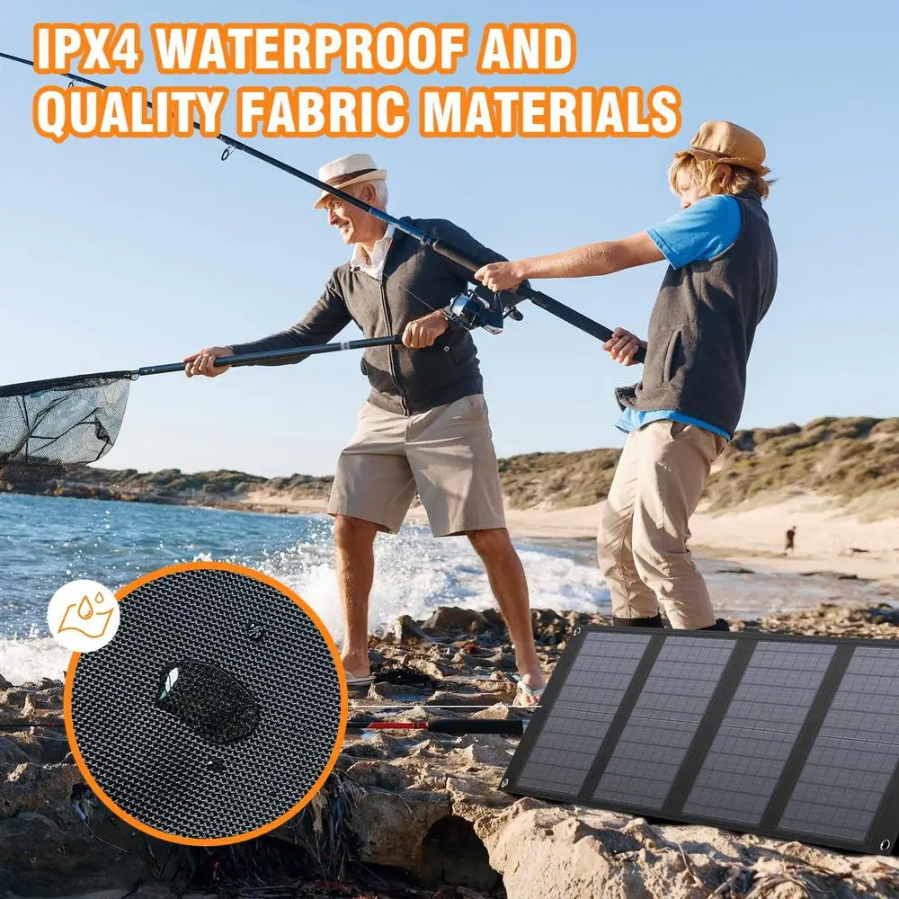 40W Foldable Solar Charger 100-200W Power Station Portable Solar Panel 12-15V DC Output 11 Connectors IPX4 Waterproof Kickstand