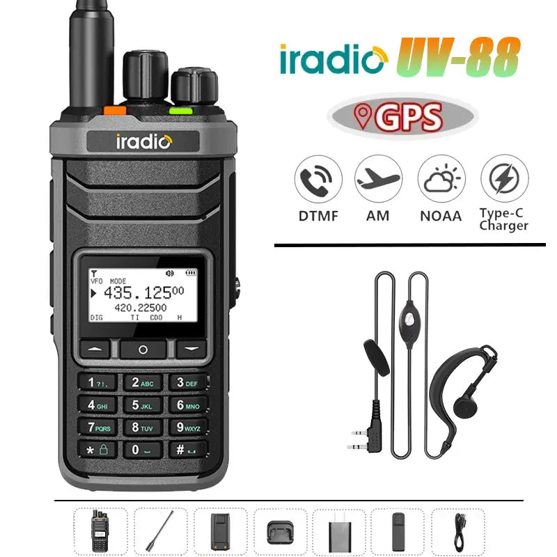 Iradio UV-88 GPS Walkie Talkie Shortwave UV88 Radio Type-C Charging 18-520mhz Receiving NOAA 1024 Channel Frequency Channel Scan