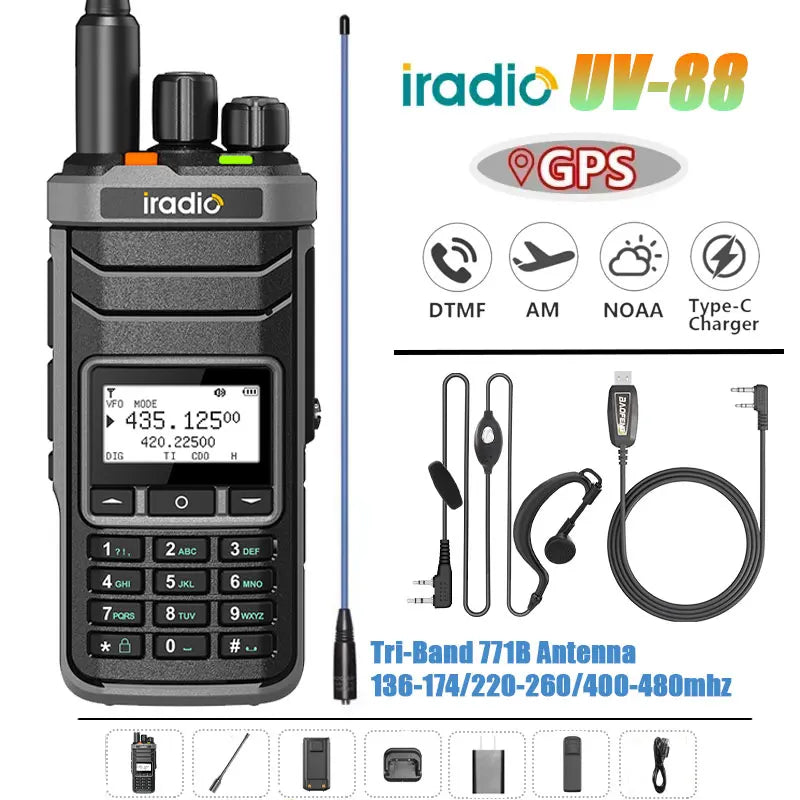 Iradio UV-88 GPS Walkie Talkie Shortwave UV88 Radio Type-C Charging 18-520mhz Receiving NOAA 1024 Channel Frequency Channel Scan
