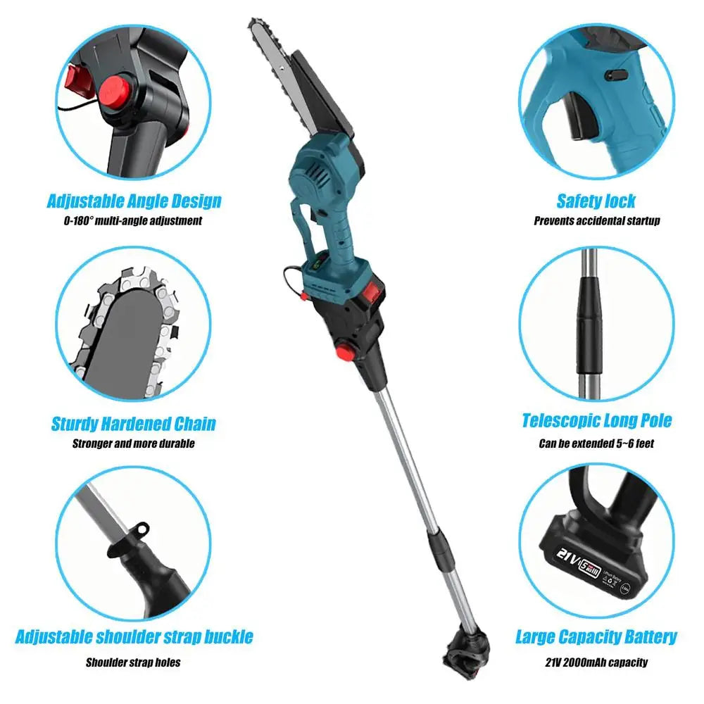 2-in-1 Cordless Pole Saw & 8-Inch Mini Chainsaw 21V 2.0Ah Battery Pole Chainsaw with Powerful Brushless Motor 12-Foot MAX Reach