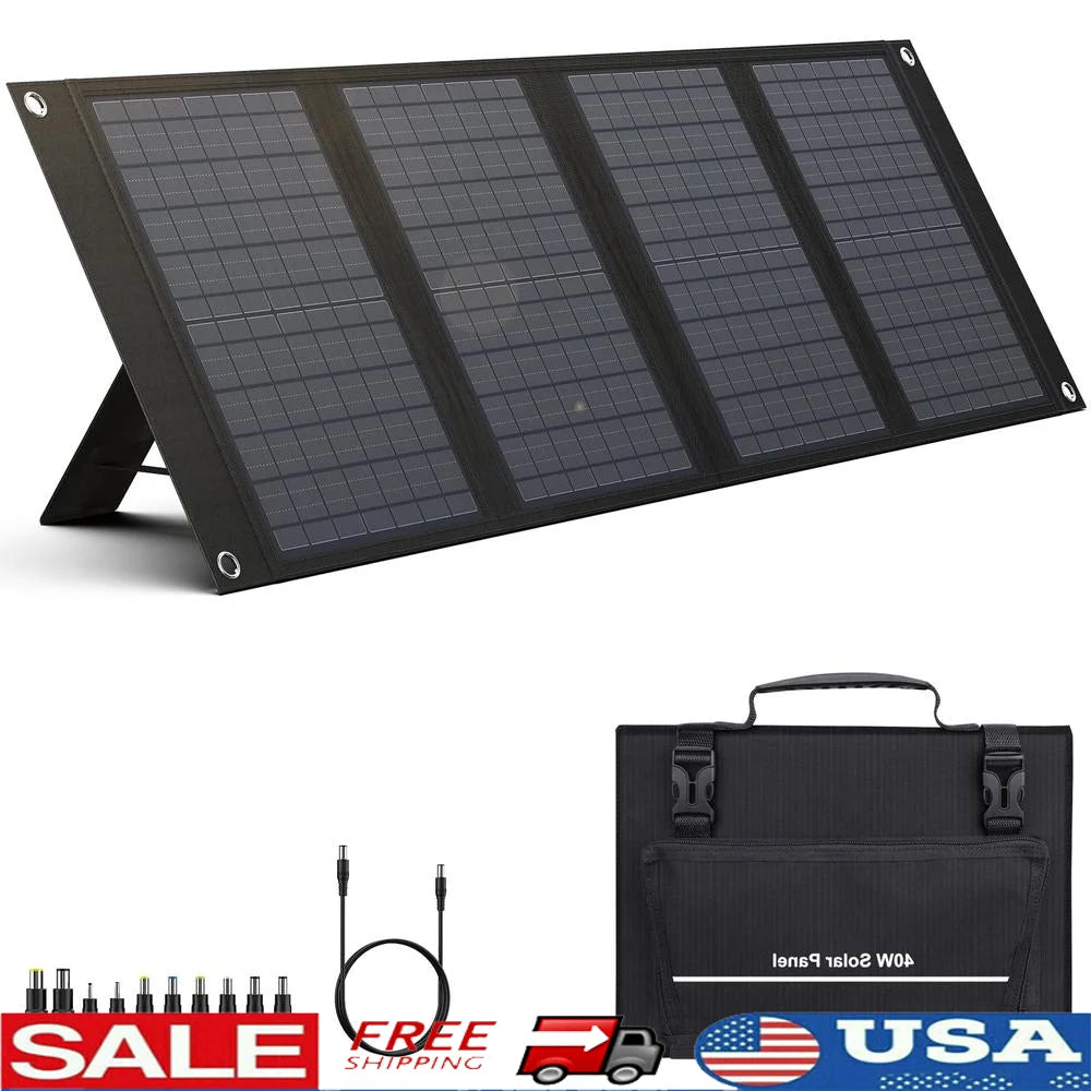 40W Foldable Solar Charger 100-200W Power Station Portable Solar Panel 12-15V DC Output 11 Connectors IPX4 Waterproof Kickstand