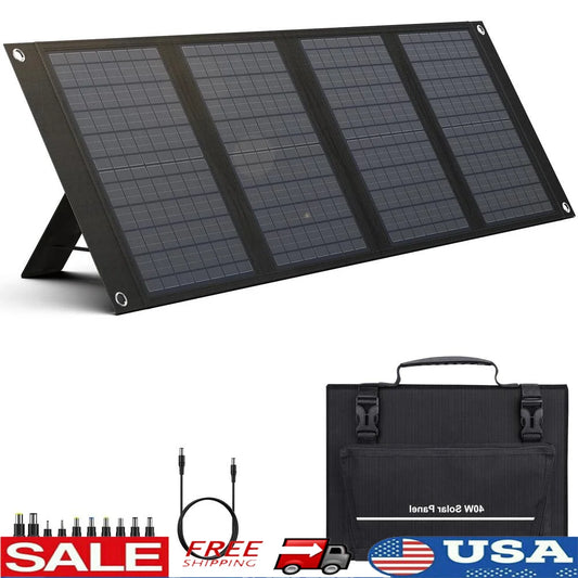 40W Foldable Solar Charger 100-200W Power Station Portable Solar Panel 12-15V DC Output 11 Connectors IPX4 Waterproof Kickstand