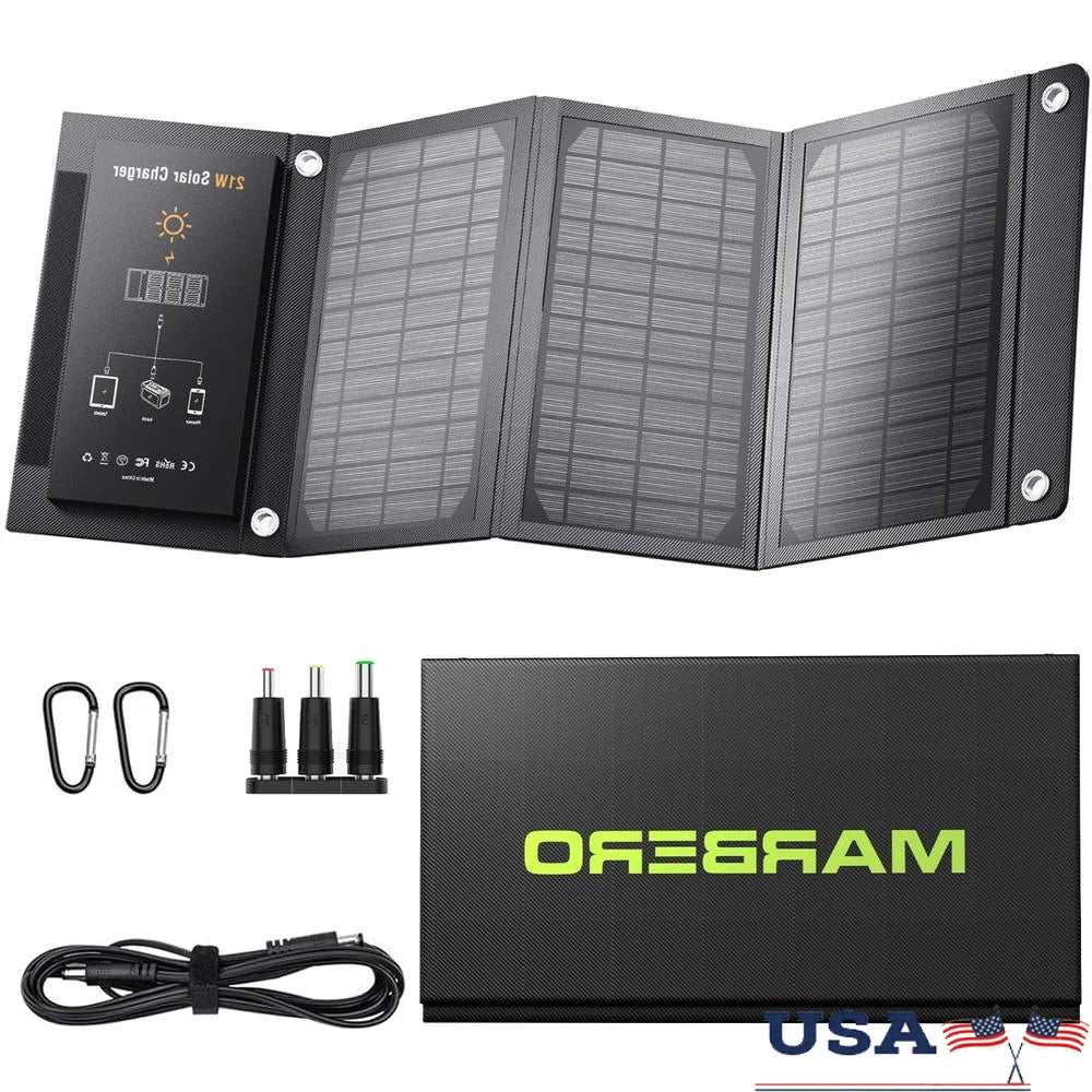 Portable Solar Panel Charger Generator Foldable 21W Camping RV USB DC Ports IPX4 Waterproof Oxford Cloth Kit