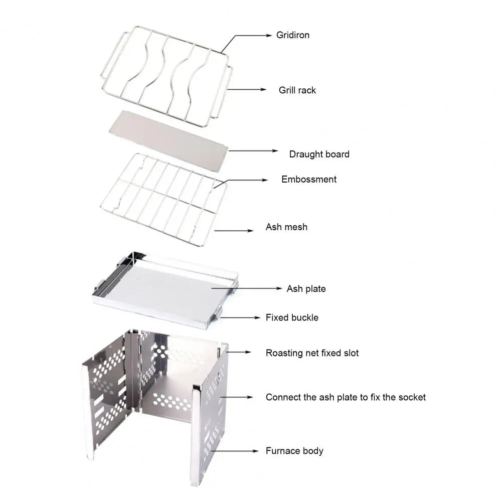 Outdoor Folding Grill Barbecue Stove with Storage Bag Stainless Steel Camping Picnic Mini BBQ Grill Charcoal Stove Windshield