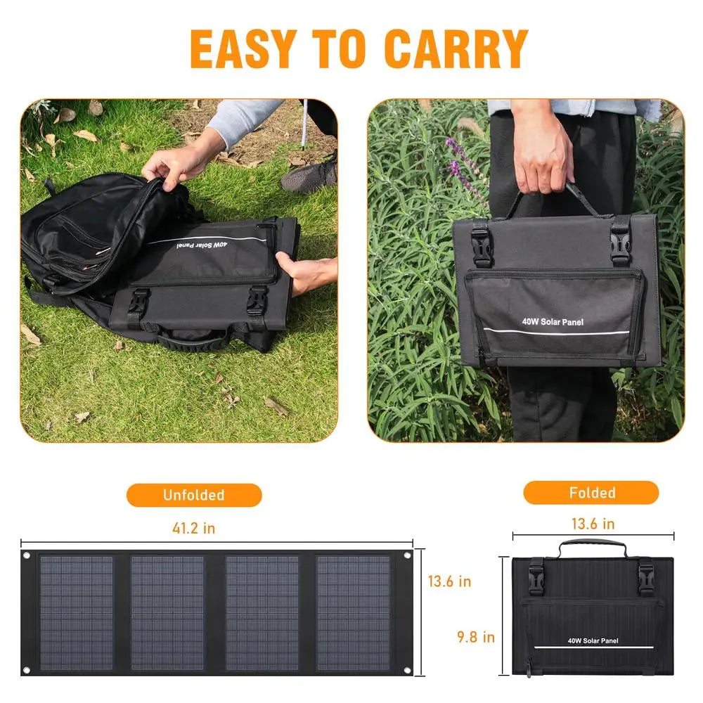 40W Foldable Solar Charger 100-200W Power Station Portable Solar Panel 12-15V DC Output 11 Connectors IPX4 Waterproof Kickstand